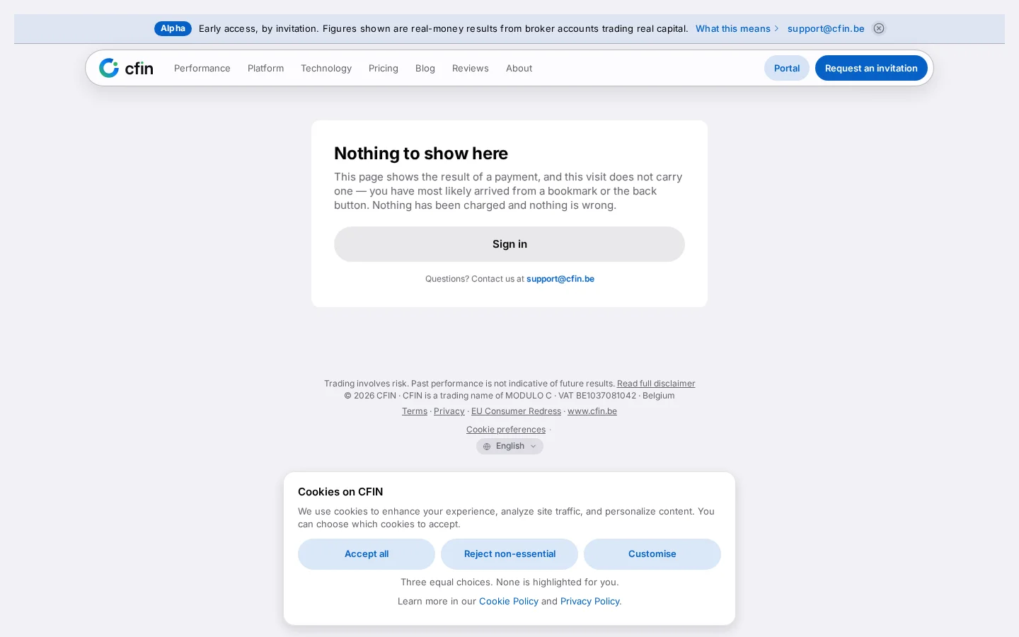 The CFIN payment result page shown with no active payment context